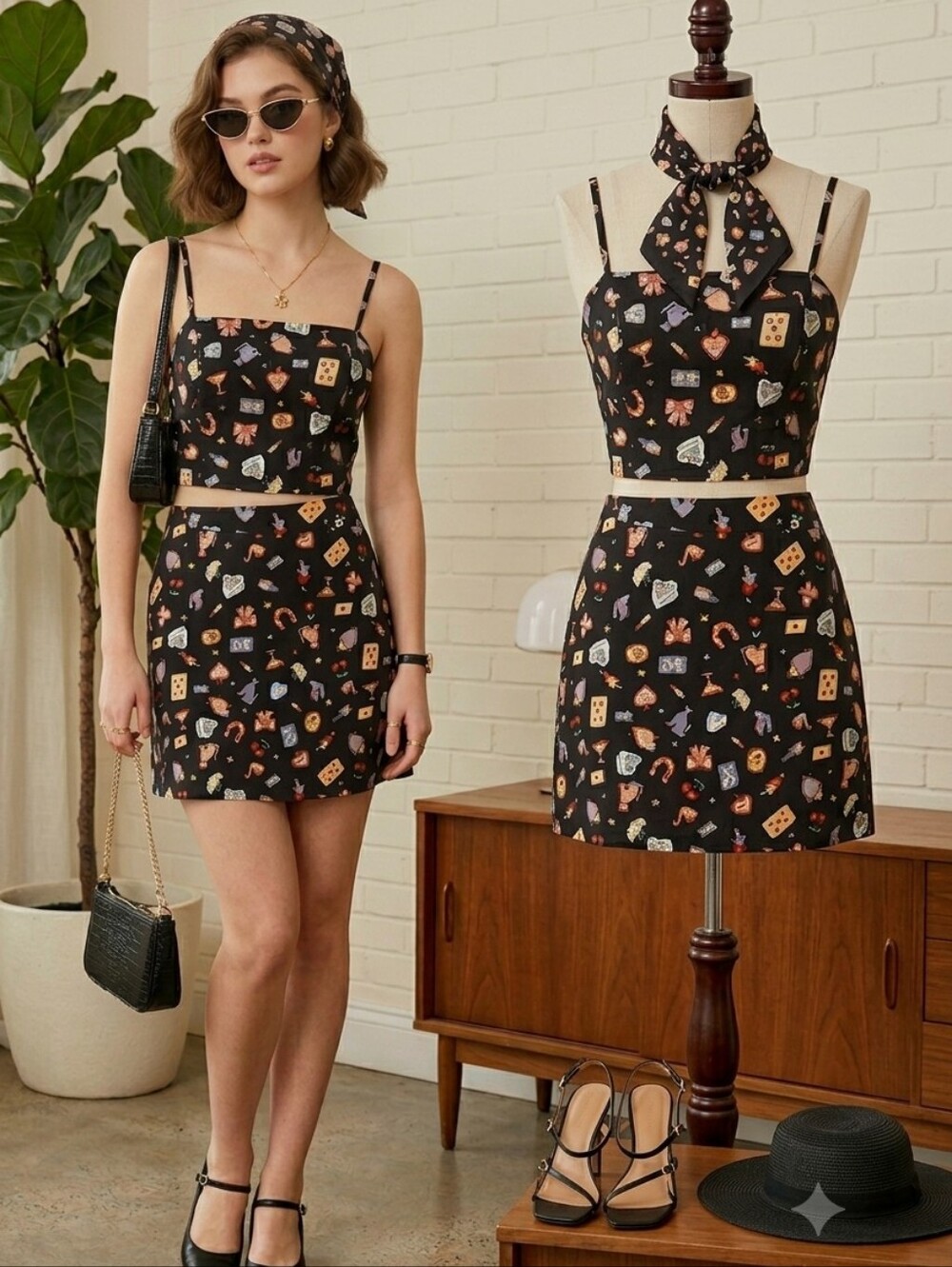 Black Bow Cat Heart Print Skirt Set M Retro Kitsch Cherry Coquette 2PC